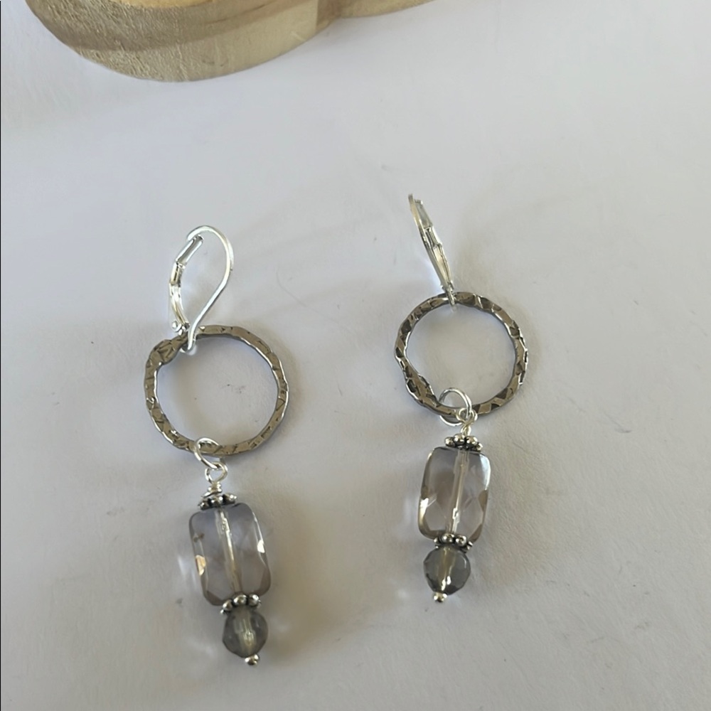 Sterling Silver Hammered Loops w Smokey Quartz Earrings